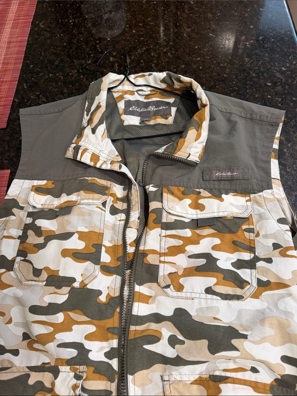 Eddie Bauer Men's Camouflage Utility Vest in Olive, Tan and White